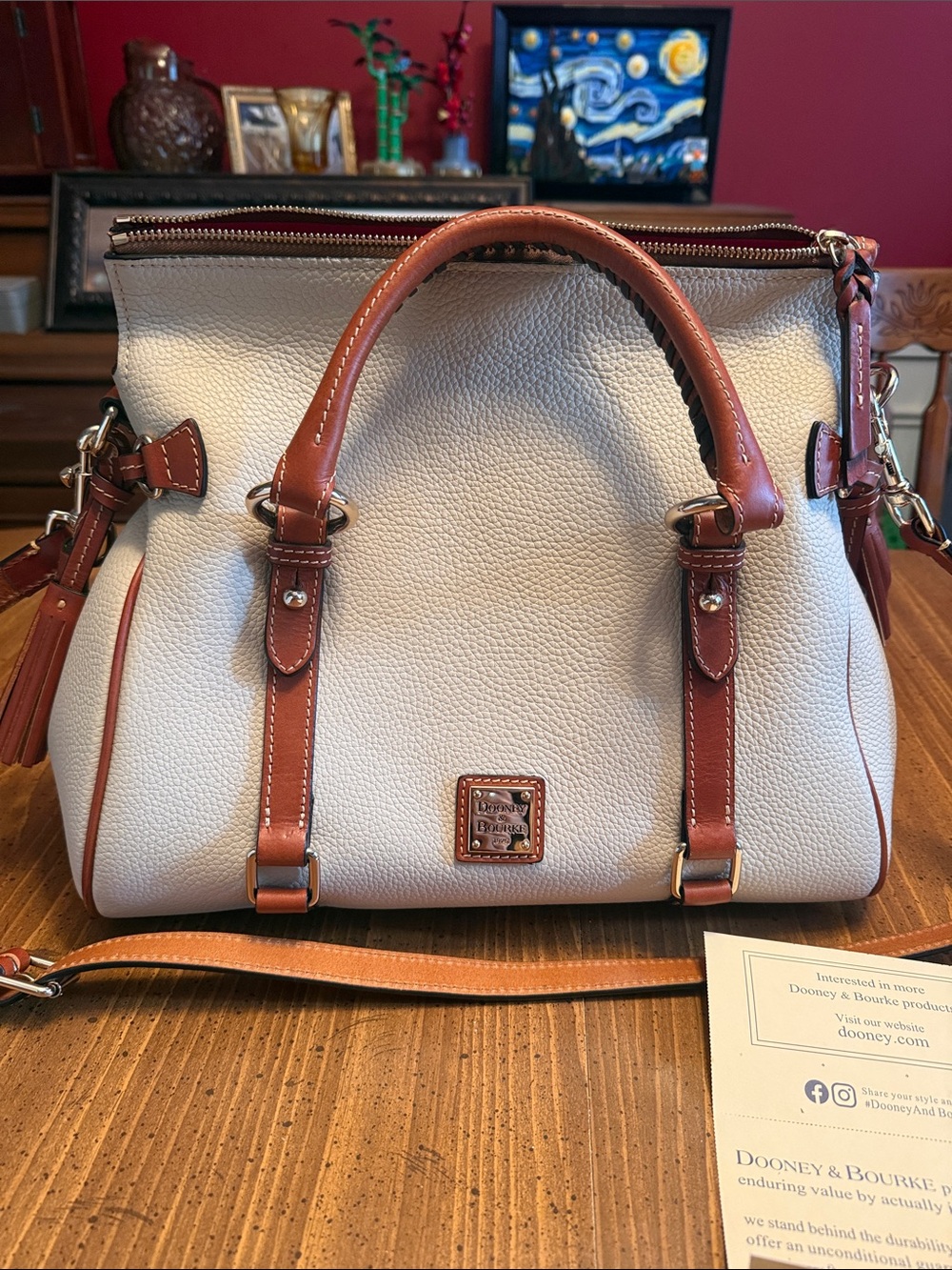 Dooney & Bourke Cream Pebble Leather Satchel with Brown Trim and Handles